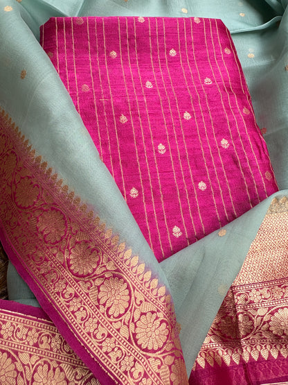 Pink raw silk kurta, bottom , kora shaded dupatta