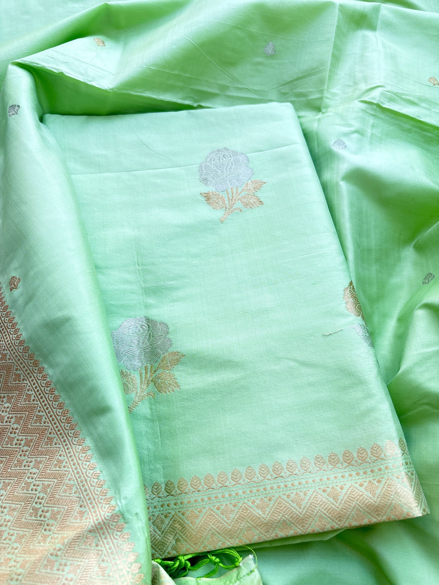 Light green katan by katan  silk kadhwa suit set