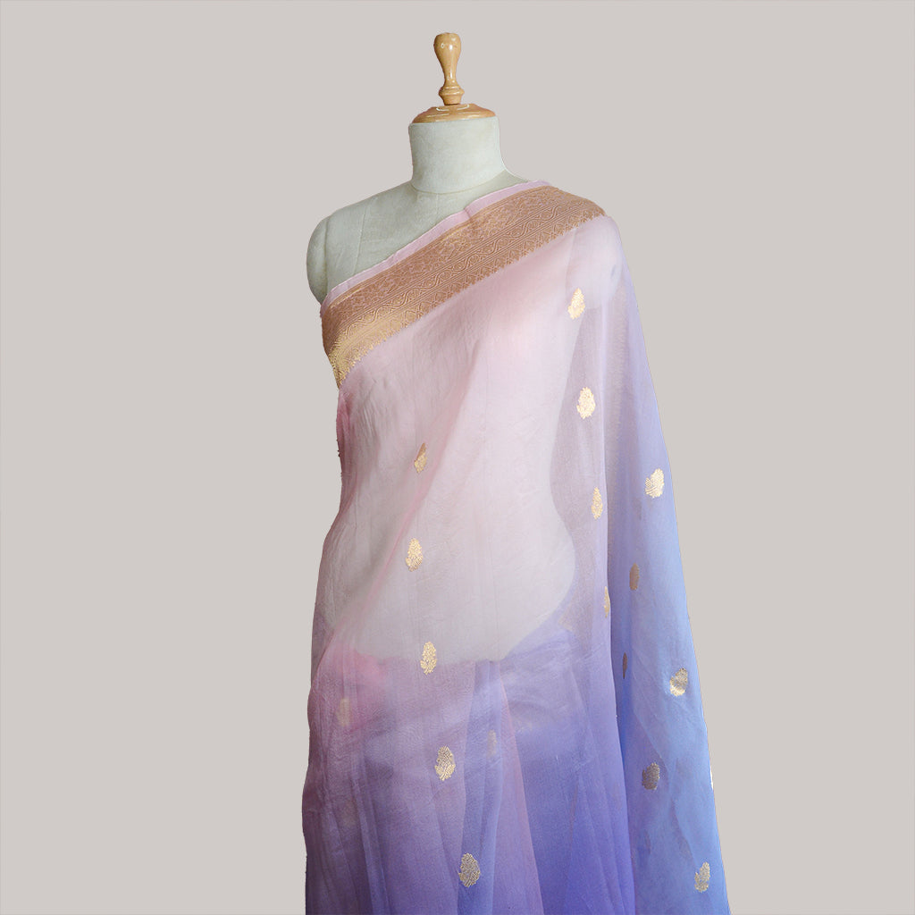 Blue pink shaded kora silk saree