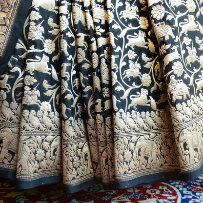 Black full jaal shikargah Silk Saree