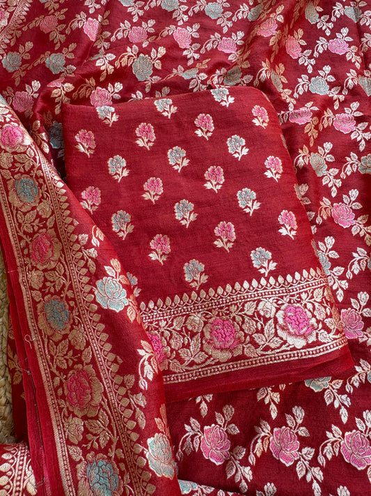 Red jaal meenadar moonga silk suit set