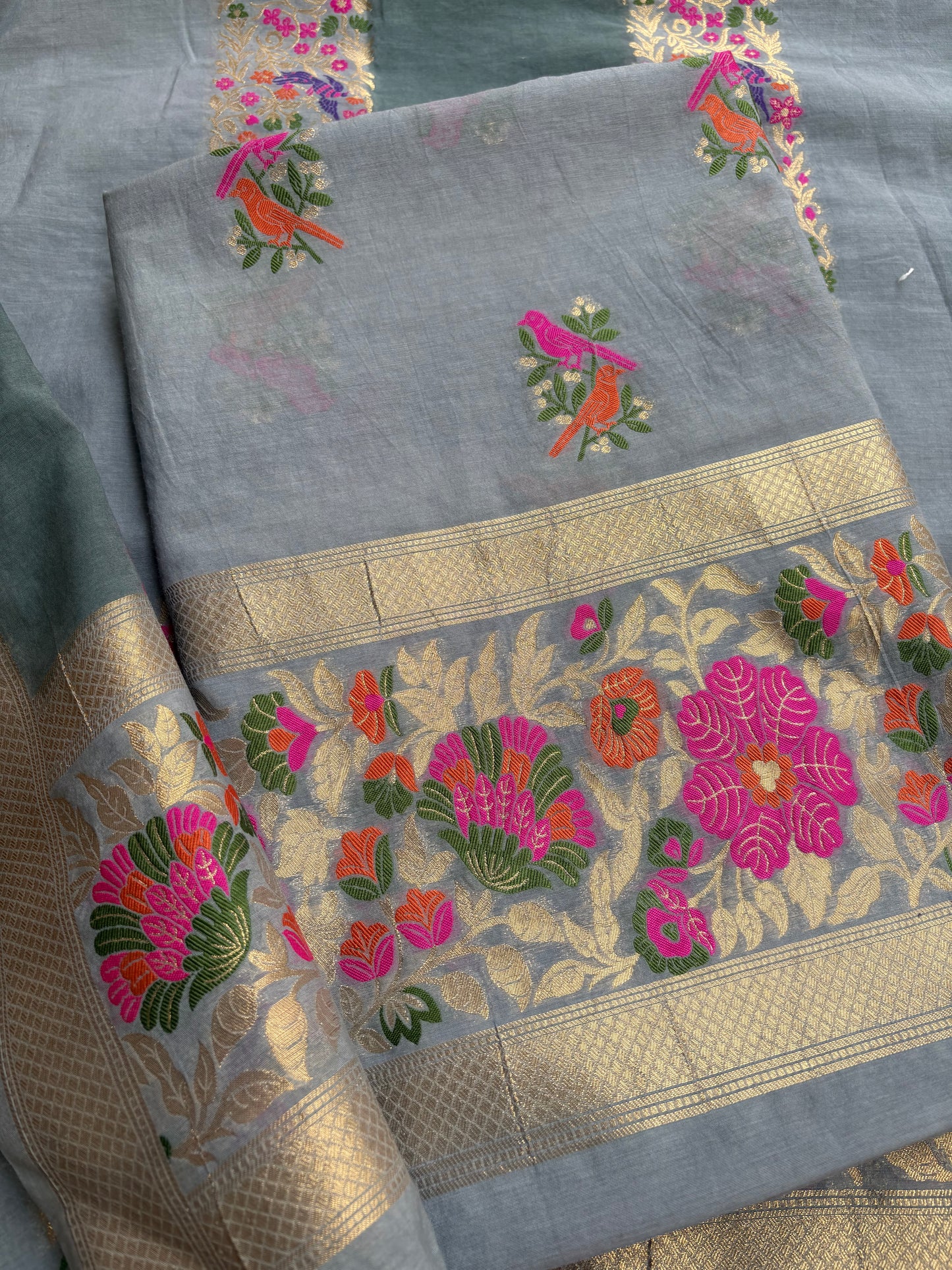 Grey meenadar Chanderi cotton 3 piece suit set