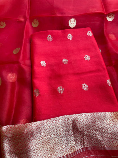 Red chiniya silk kurta, kora silk dupatta, plain bottom