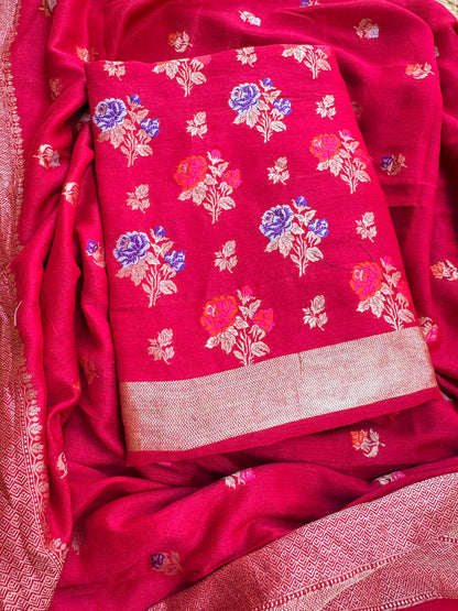 Red moonga silk meenadar flower weaving suit set