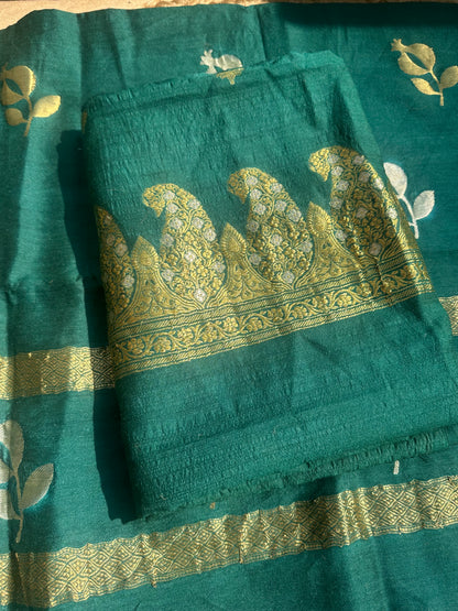 Green moonga silk meendar suit set.