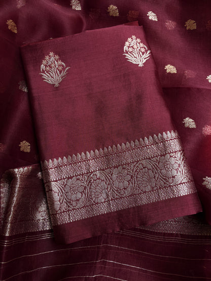 Maroon chiniya silver zari kadhwa kurta, kora silver zari dupatta, plain bottom