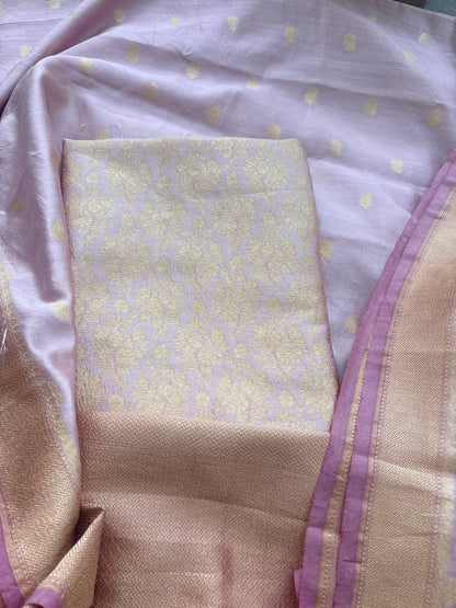 Pink brocade Chiniya silk suit set with lavender salvage