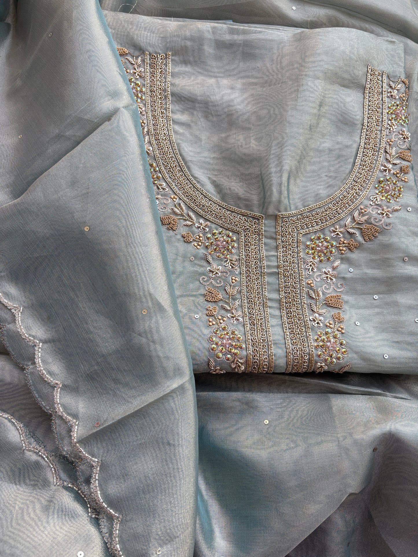 Blue tissue hand embroidered suit set