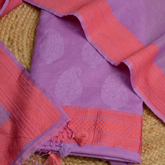 Purple cotton self weaving suit set