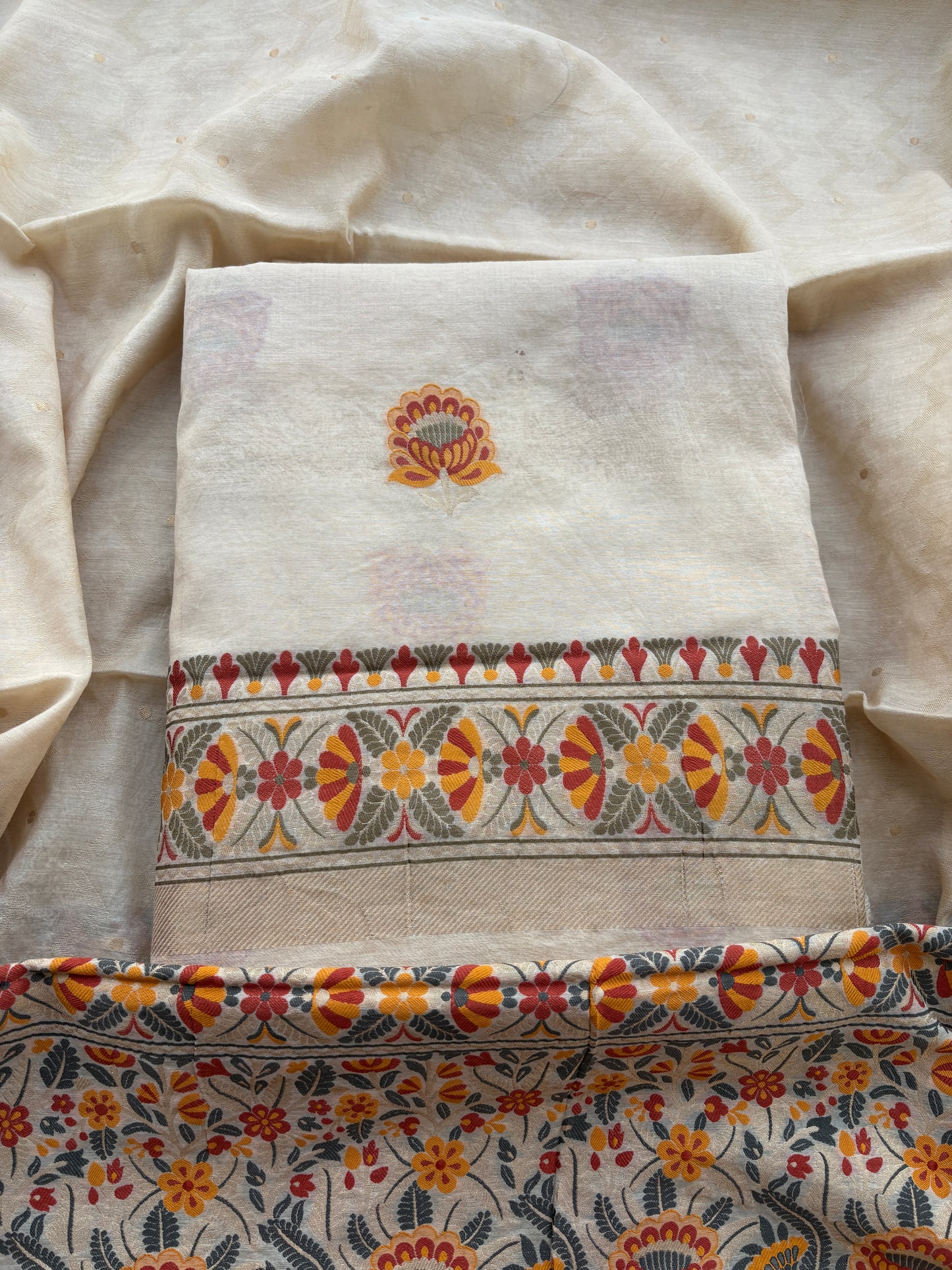Cream Meenakari tilfi weaving Chanderi suit set