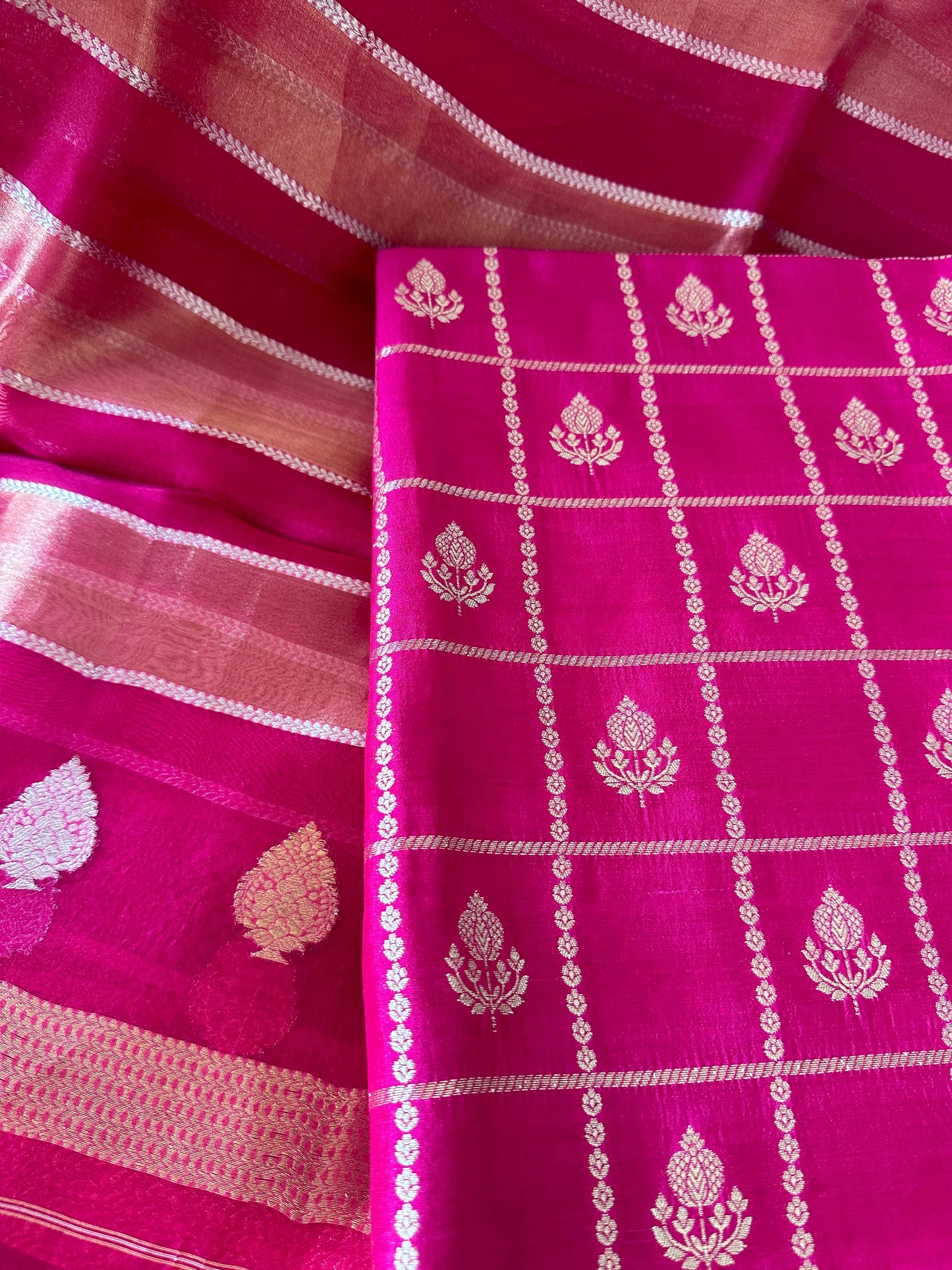 Pink chiniya katan silk suit, kora tissue dupatta, plain bottom