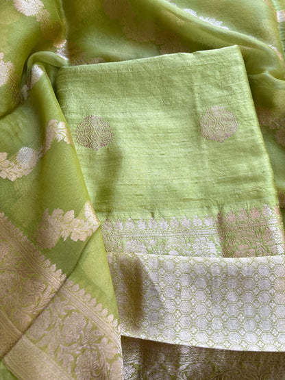 Green raw silk kadhwa suit set with kora silk dupatta