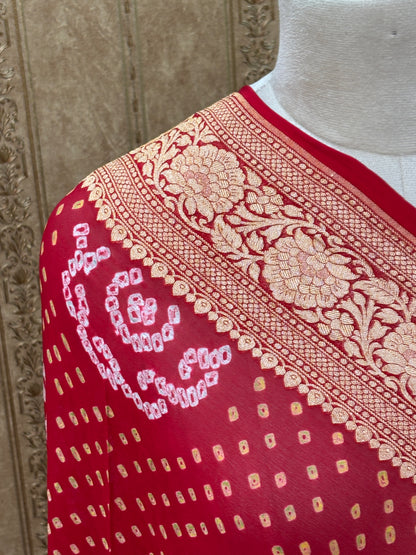Red bandhani kadhwa border dupatta
