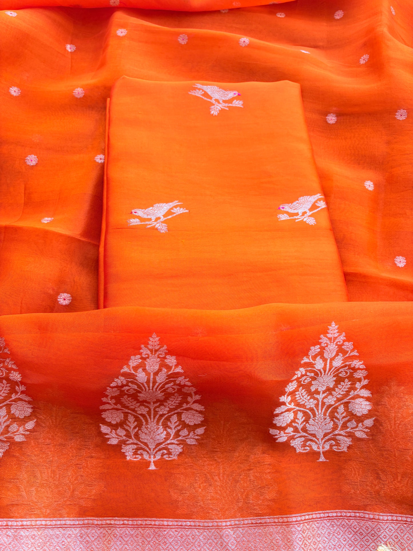 Orange mango silk kadhwa , kora silk suit set