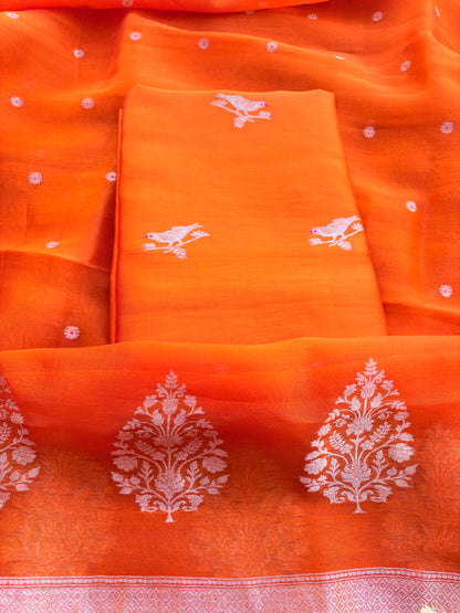 Orange mango silk kadhwa , kora silk suit set