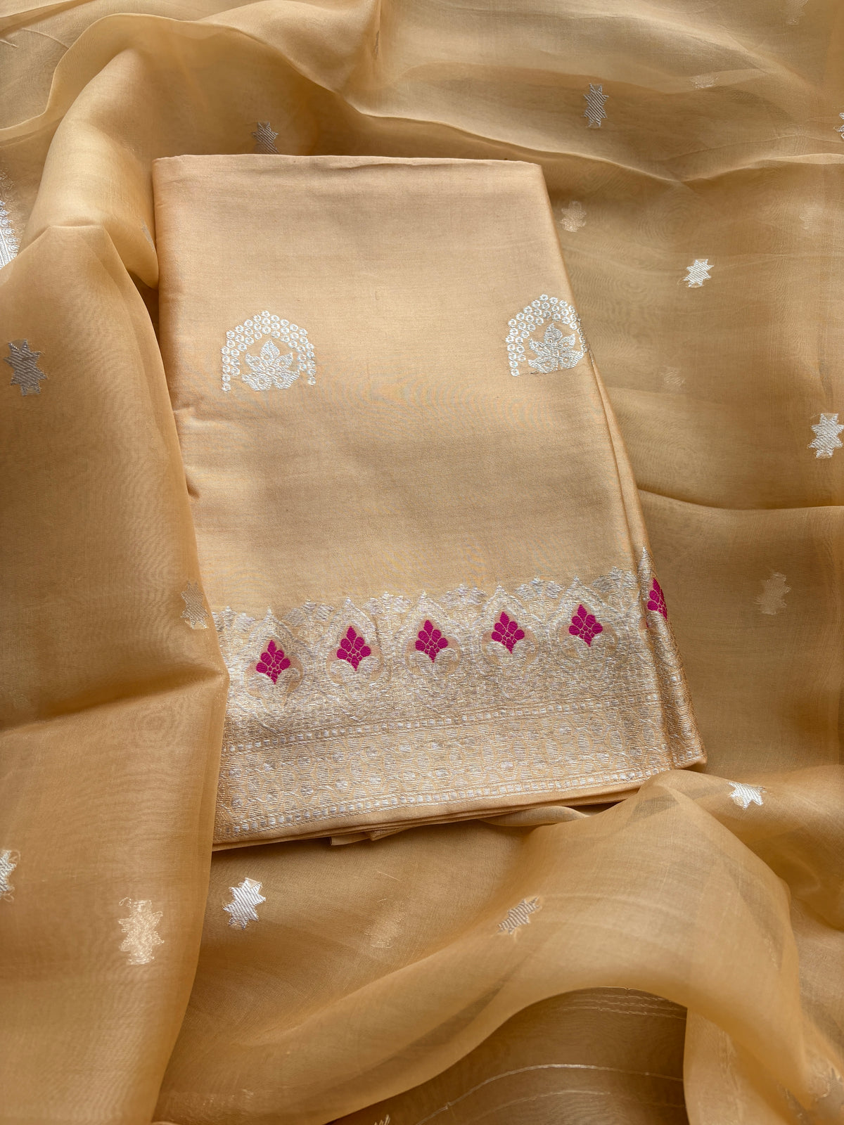 Beige Chiniya silk suit set with kora silk silver zari dupatta
