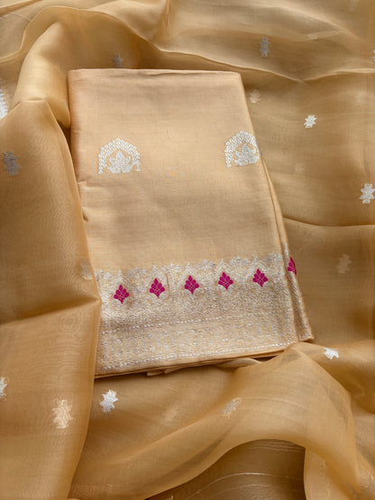 Beige Chiniya silk suit set with kora silk silver zari dupatta