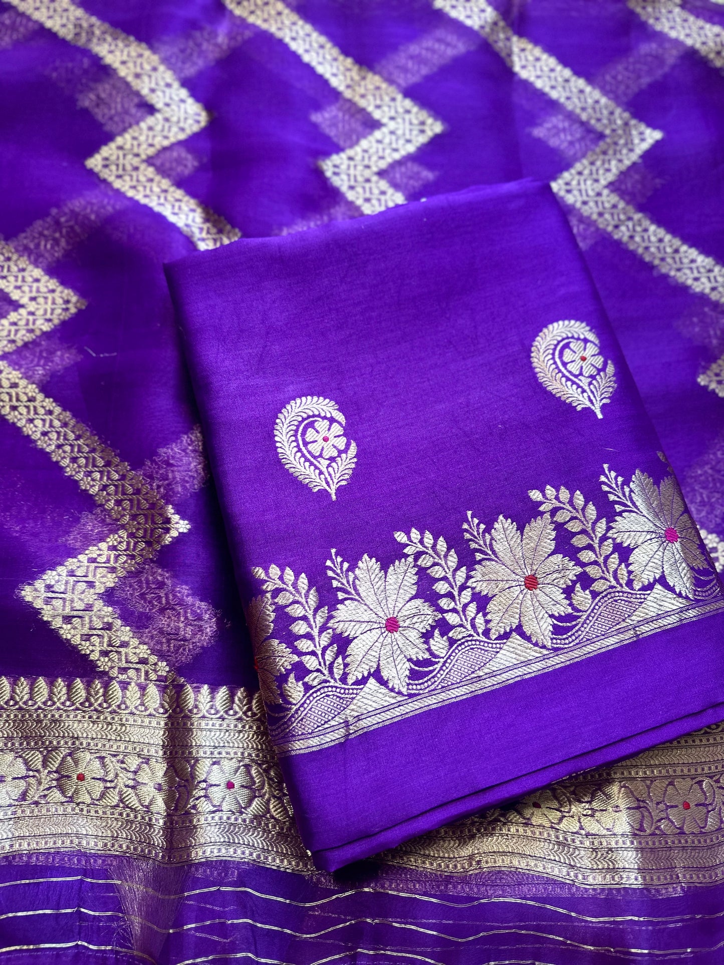 Purple chiniya meenadar suit set, kora silk dupatta, plain silk bottom.