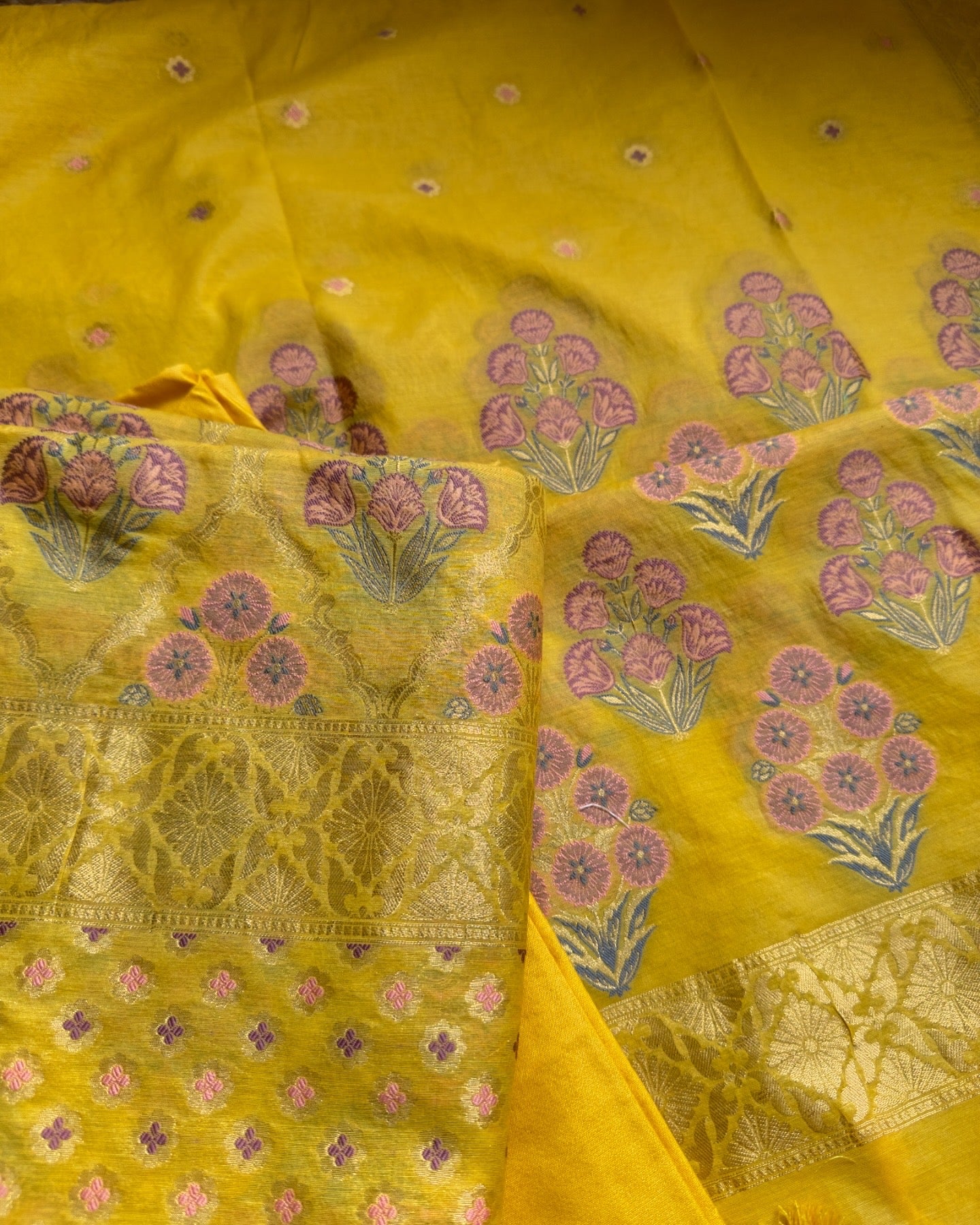 Yellow chanderi full Jaal weaving 3 piece suit.