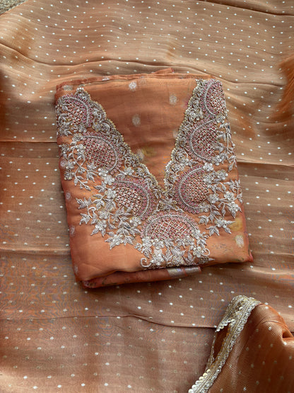 Pure kora hand embroidery suit with tissue silk dupatta ,Satin lower