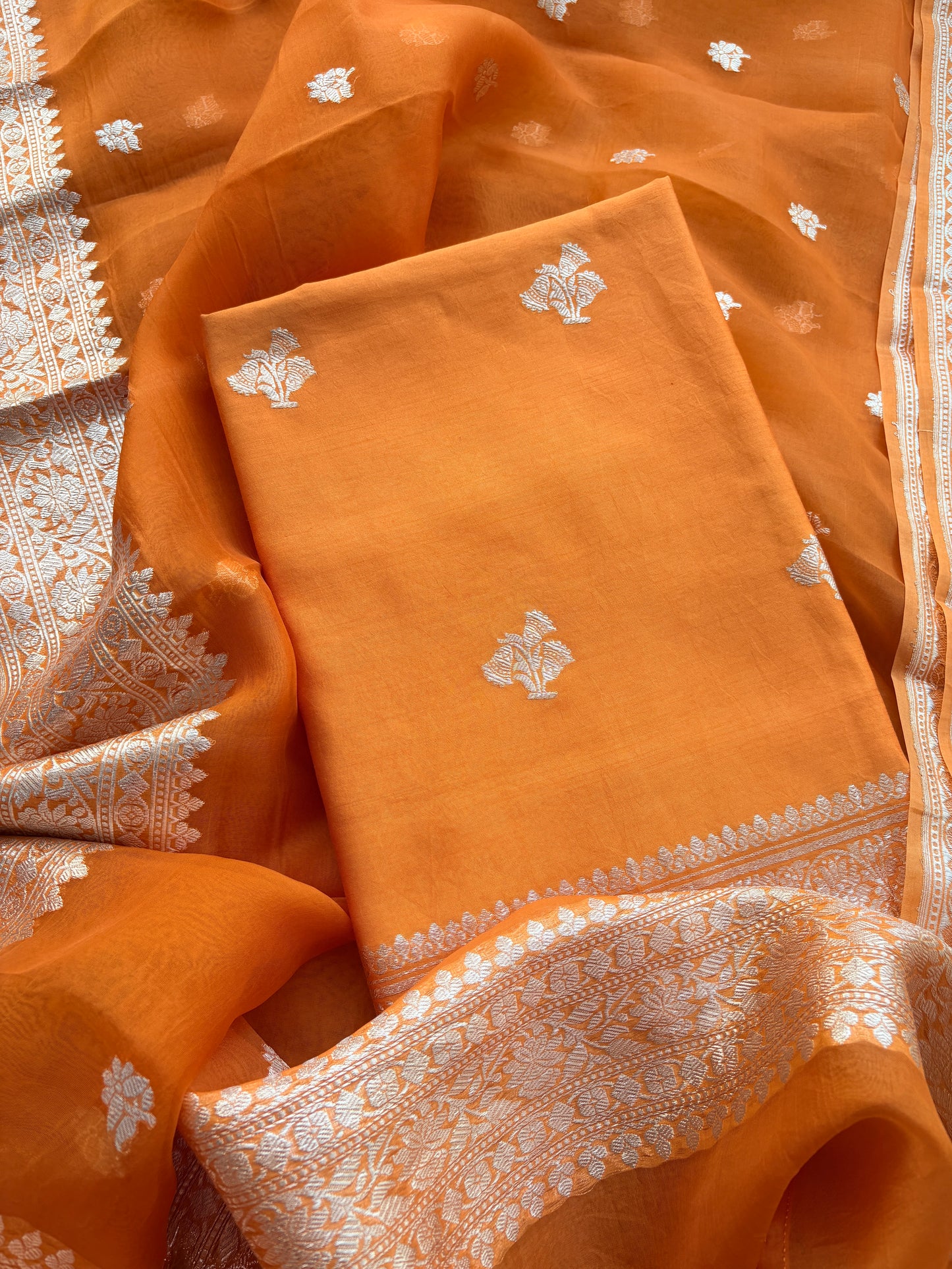 Orange Chiniya kora silk pure silver zari suit set