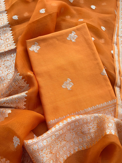 Orange Chiniya kora silk pure silver zari suit set
