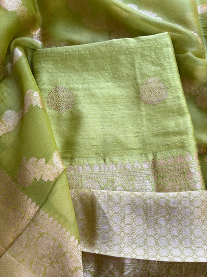Green raw silk kadhwa suit set with kora silk dupatta