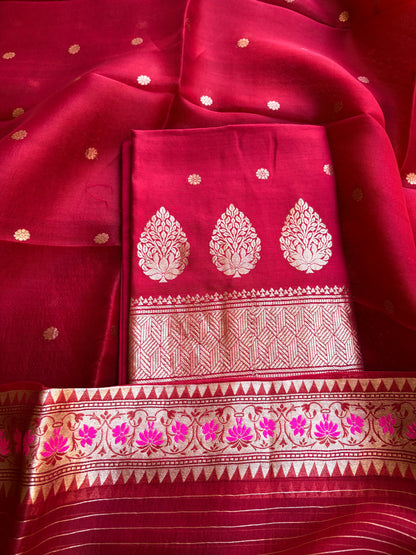 Red Chiniya silk kora paithani border suit set