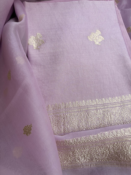 Lavender Chiniya silk silver zari 3 piece suit set
