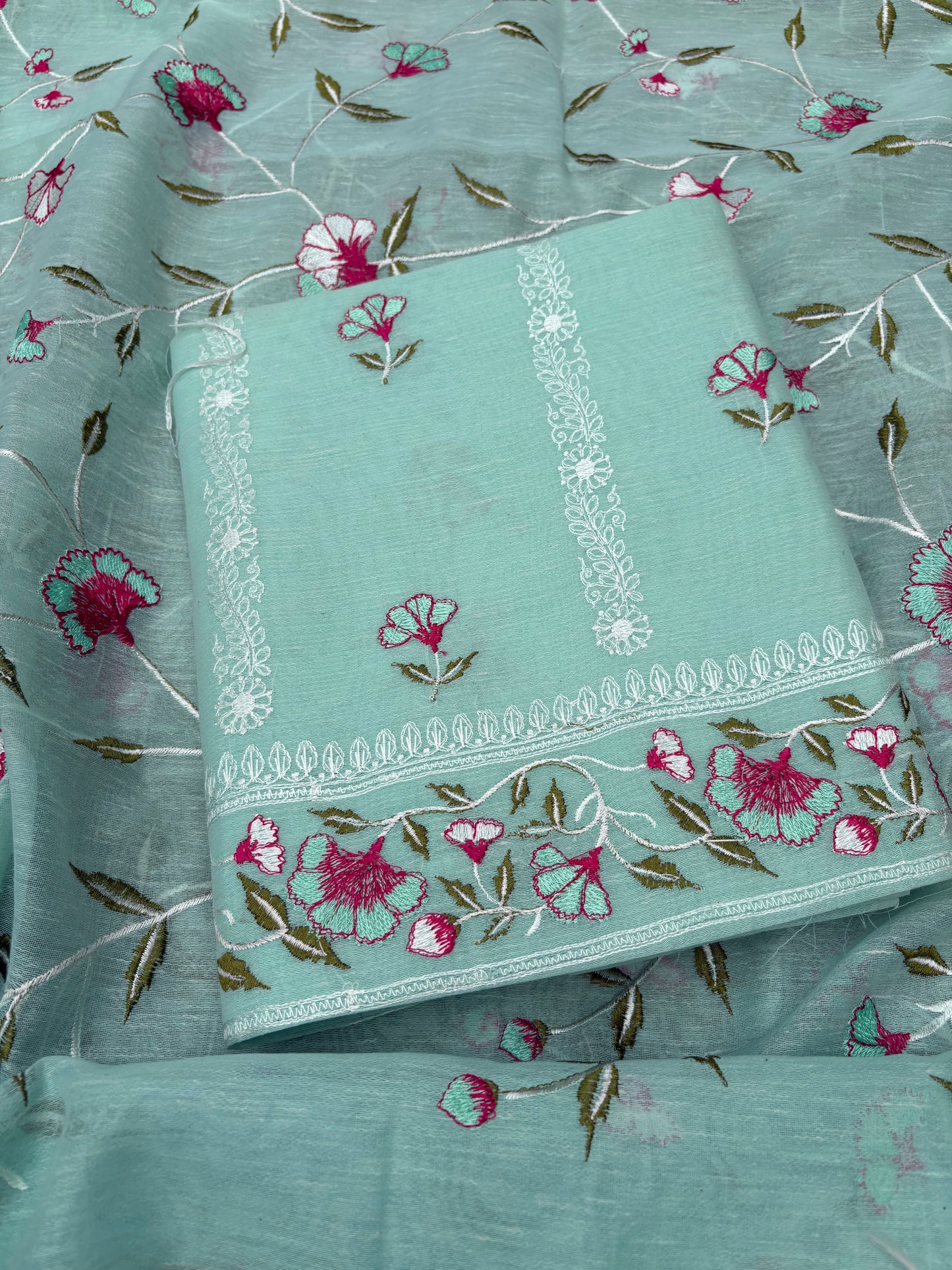 Blue linen cotton embroidered 3 piece suit set