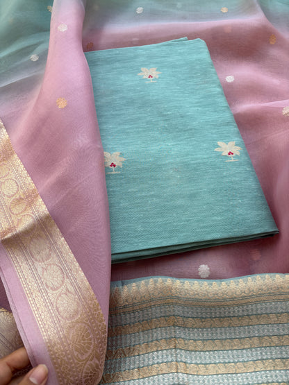 Blue linen silk kadhwa with kora silk shaded dupatta