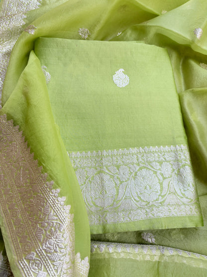 Lime green Chiniya kora silver zari suit set