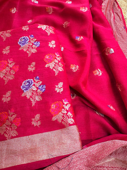 Red moonga silk meenadar flower weaving suit set