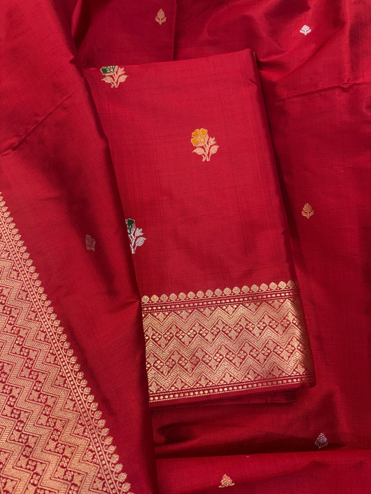 Red katan by katan silk kadhwa suit set
