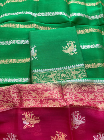 Green mango silk with kora silk stripe dupatta