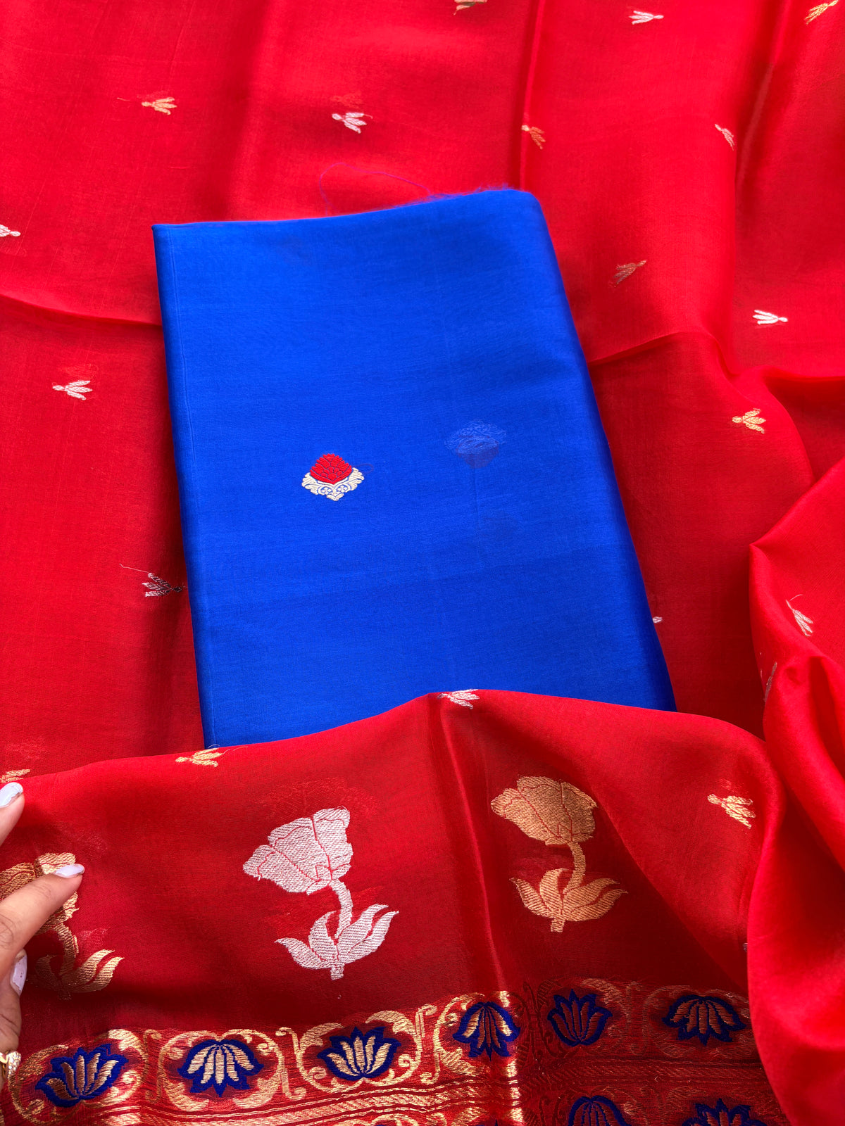 Blue kora suit with red kora silk dupatta
