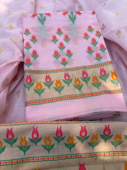 Pink meenadar flower design Chanderi cotton suit set