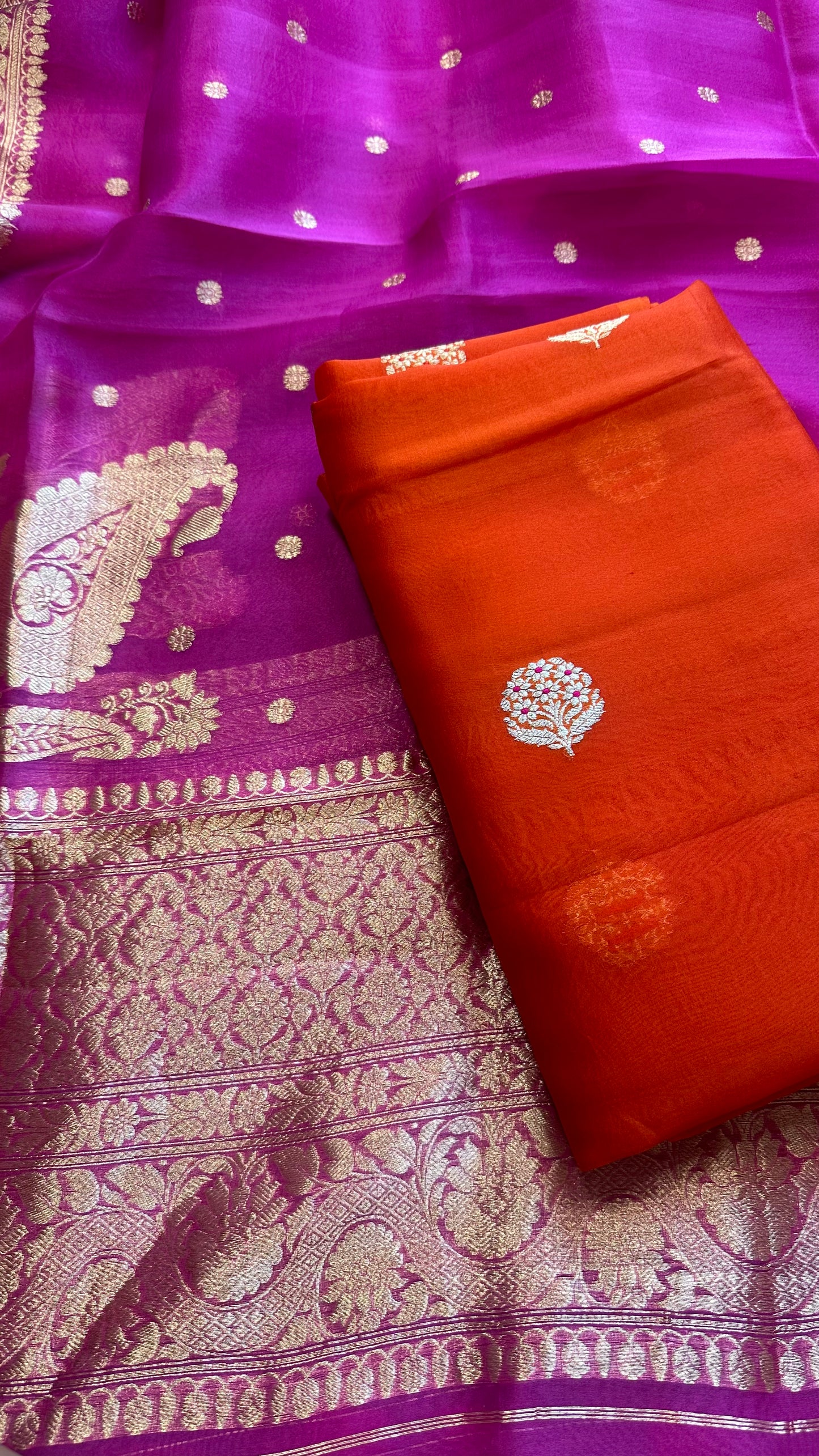 Orange kora silk kurta, magenta kora dupatta, plain bottom