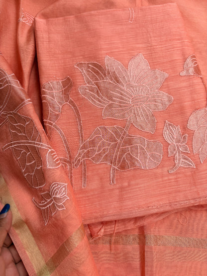 Peach appliqué work mul Chanderi suit set