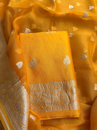 Yellow Chiniya silk silver zari suit set