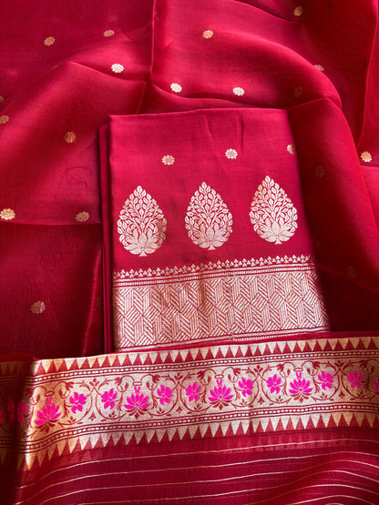 Red Chiniya silk kora paithani border suit set