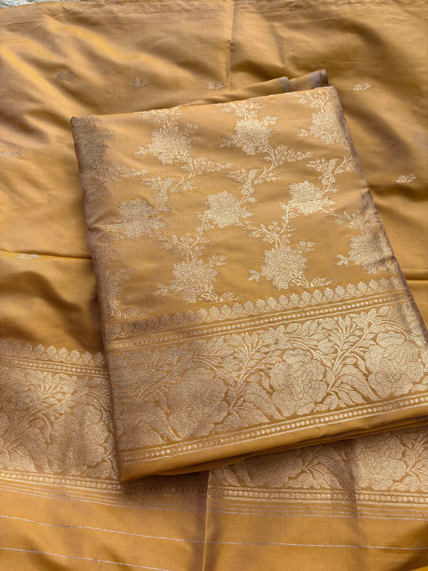 Mustard yellow dhoop chau katan silk suit set