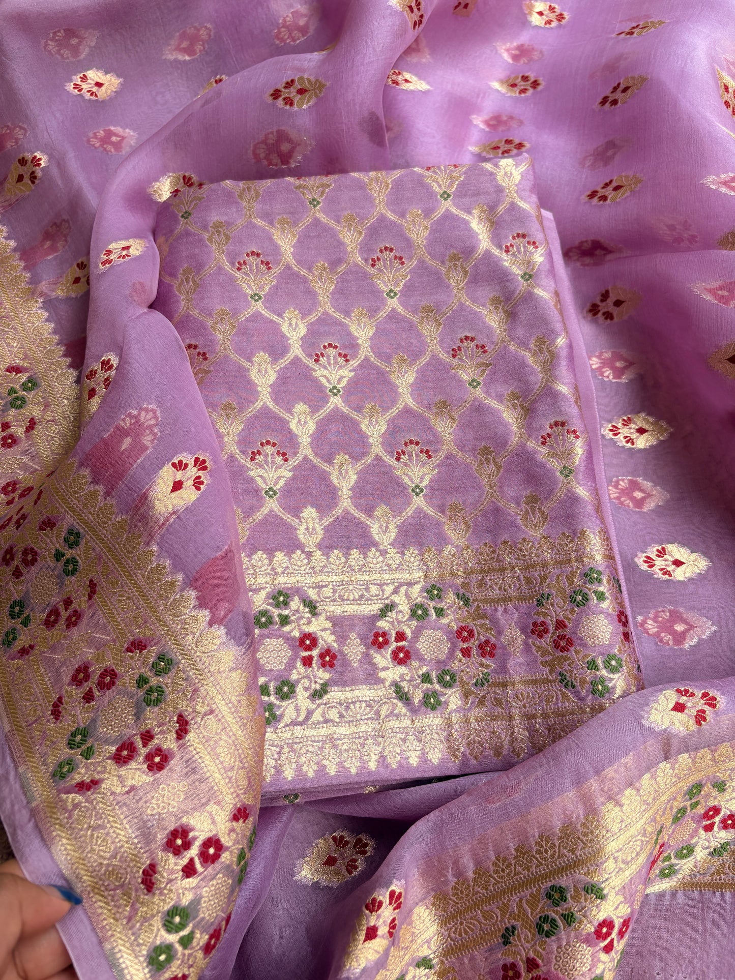 Lavender moonga silk kadhwa Kurta, kora silk dupatta, plain crepe bottom