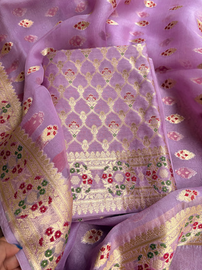 Lavender moonga silk kadhwa Kurta, kora silk dupatta, plain crepe bottom