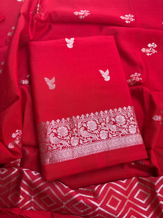 Red Chiniya silk 3 piece bird motif suit set