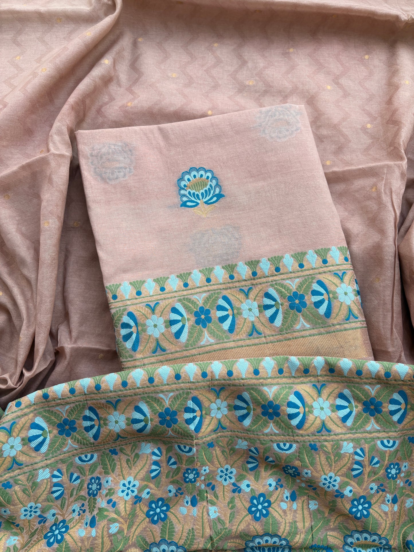 Peach Chanderi jaal weaving suit set