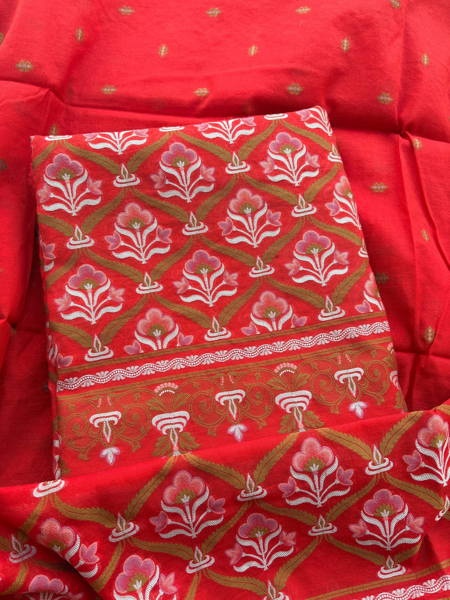 Red Chanderi brocade weaving suit set