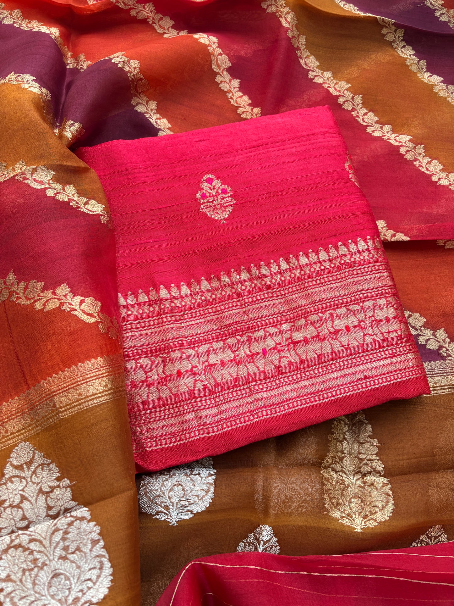 Red raw silk suit set with kora rangkat dupatta