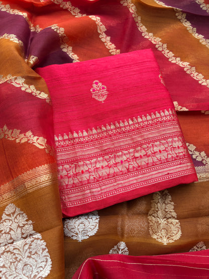 Red raw silk suit set with kora rangkat dupatta