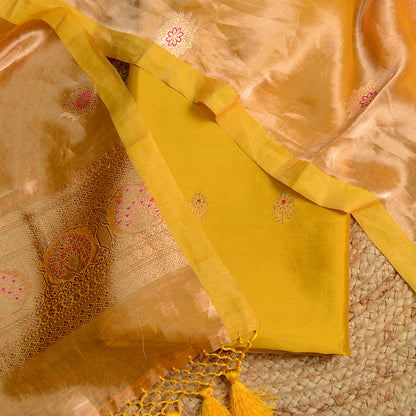 Yellow Chiniya silk suit with tissue dupatta